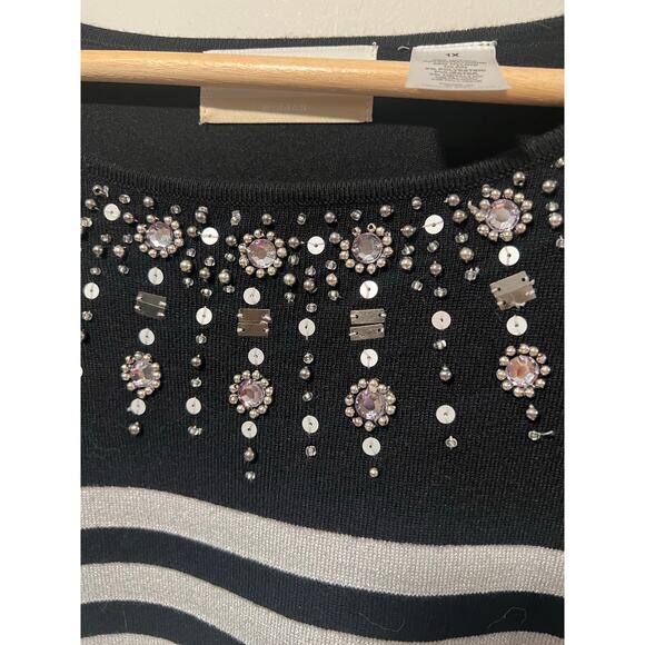 Alfred Dunner Sweater Black Silver Striped Metallic Embellished Neckline 1X JL - Picture 5 of 11